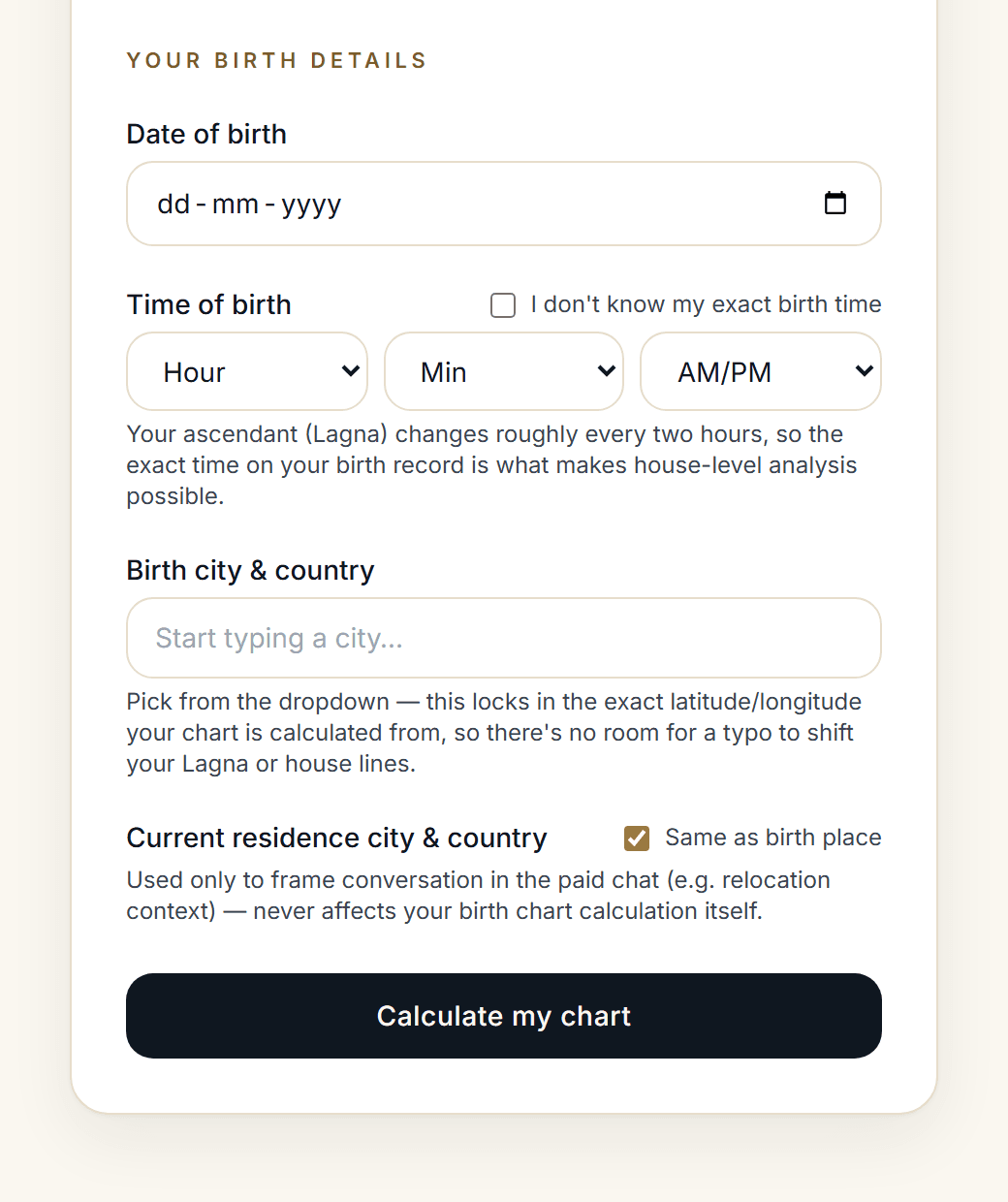 The birth details section of the form, each field annotated with why it is asked and what it does not affect