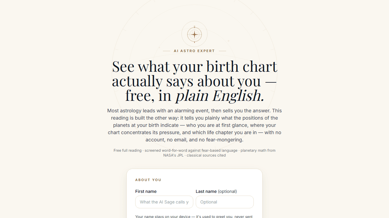 AI Astro Expert landing page: the headline offering a free plain-English birth chart reading, above the birth-details form